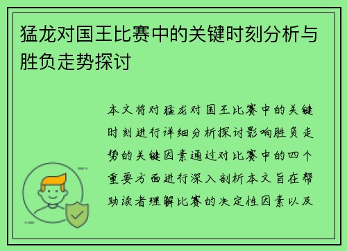 猛龙对国王比赛中的关键时刻分析与胜负走势探讨